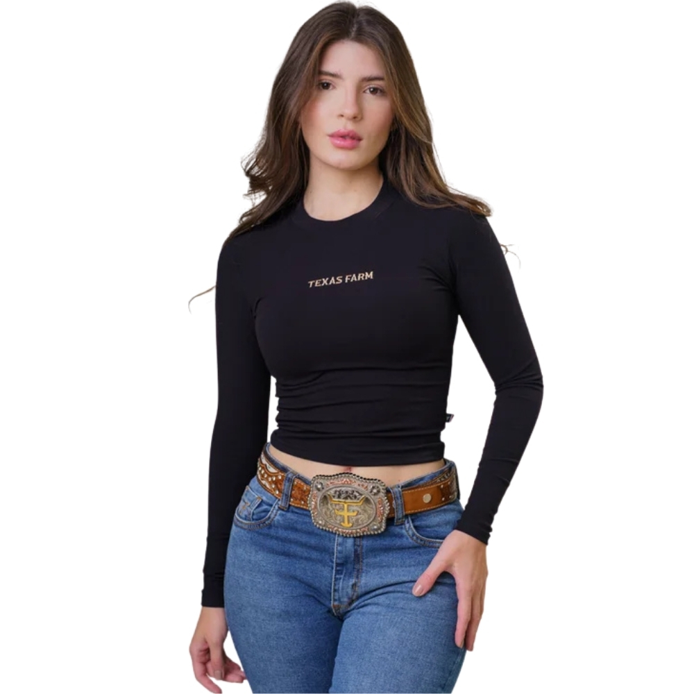 Cropped Feminino Texas Farm Manga Longa Cowgirl Skin Preto Logo Bege REF:CCS001
