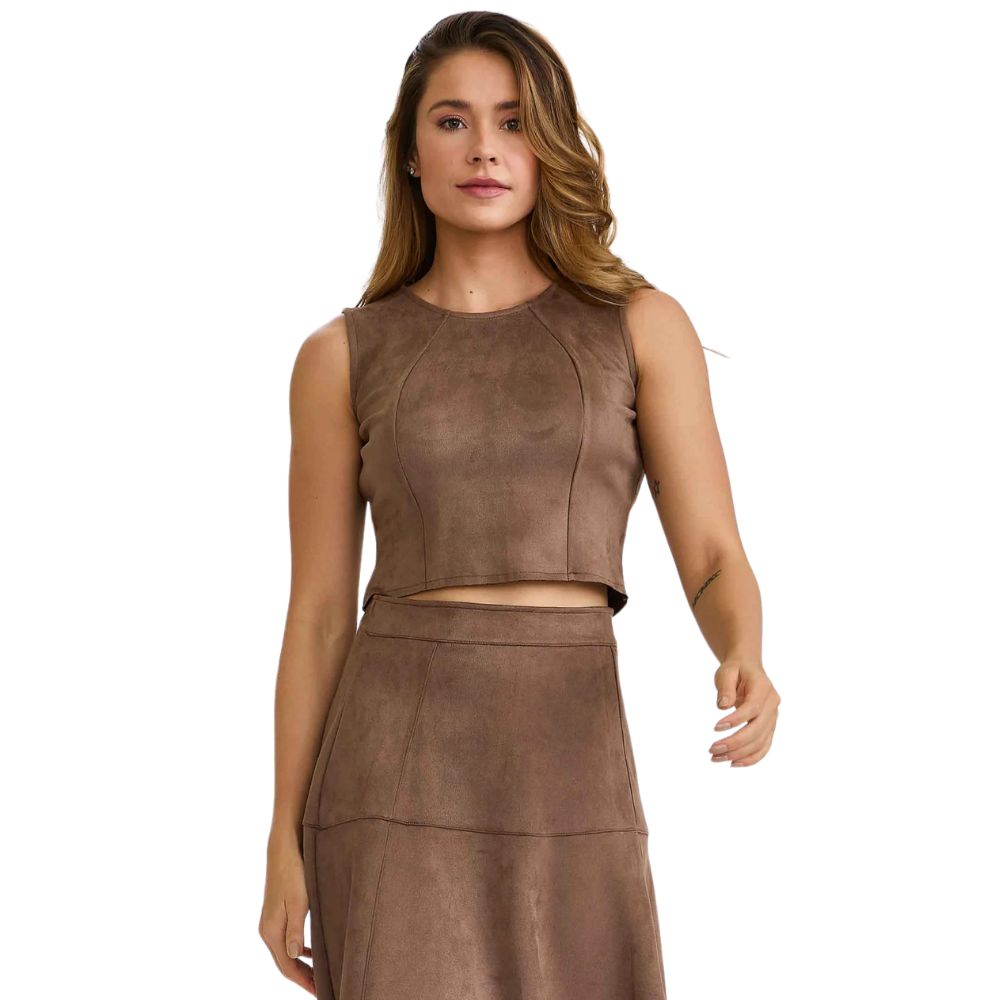 Camiseta Cropped Feminino TXC Gola Redonda Malha Com Plaquinha Marrom Ref:51028