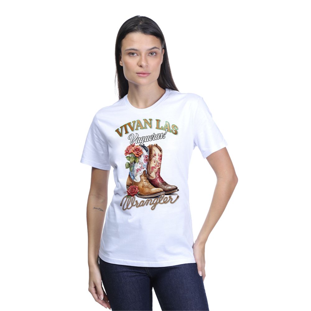 Camiseta Feminina Wrangler TShirt Branca Estampada Botas Com Flores Ref:WF5734 BR