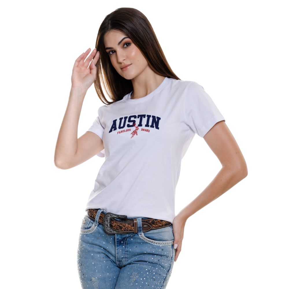 Camiseta Feminina Austin Western Tshirt Manga Curta Off White Com Logo Bordada Azul E Vermelho Ref:14470