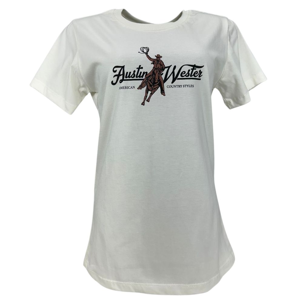 Camiseta Feminina Austin Western Tshirt Manga Curta Off White Estampada Cowboy Laçando Em Preto E Marrom