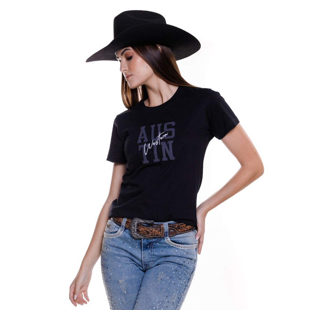 Camiseta Feminina Austin Western Tshirt Manga Curta Preto Com Logo Bordada Preto Cinza E Branco Ref:14470