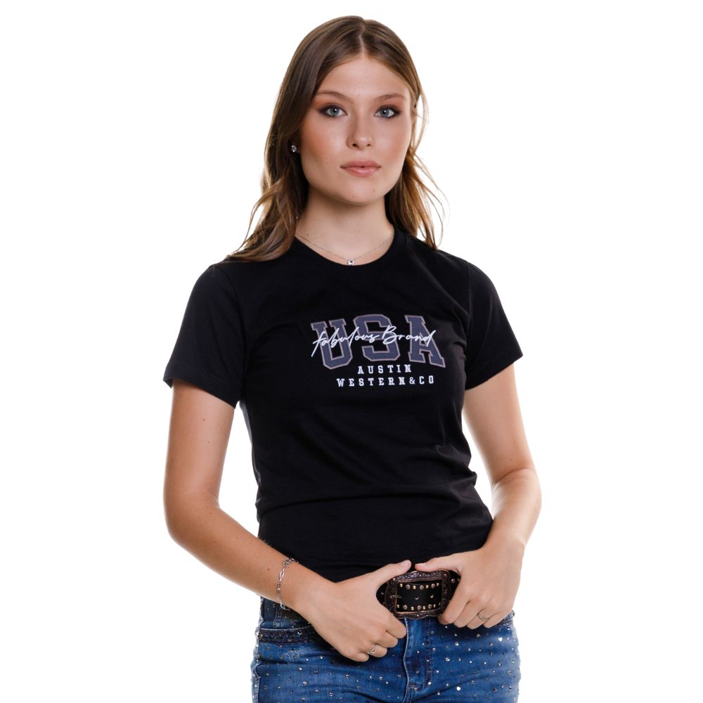 Camiseta Feminina Austin Western Tshirt Manga Curta Preto Com Logo Bordada USA Cinza E Branco Ref:14470