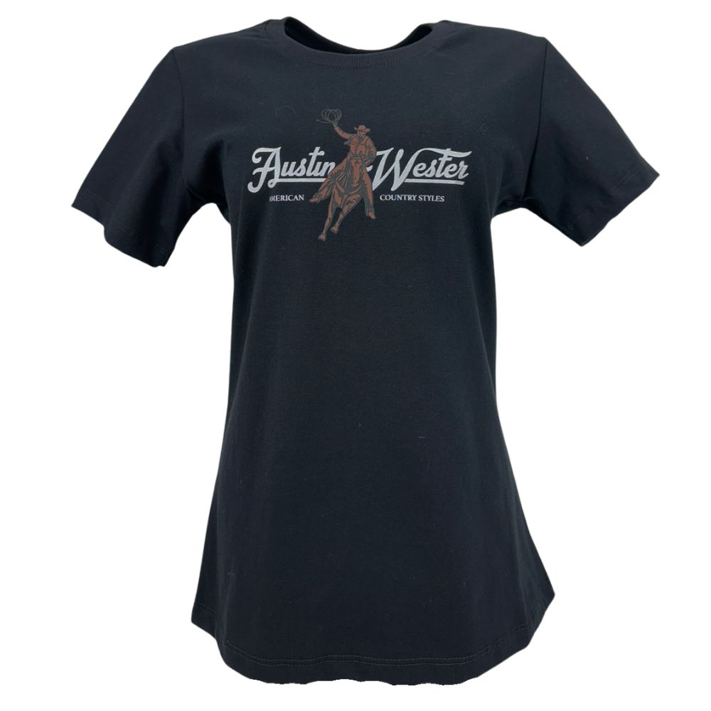 Camiseta Feminina Austin Western Tshirt Manga Curta Preto Estampada Cowboy Laçando E Logo Em Branco E Marrom
