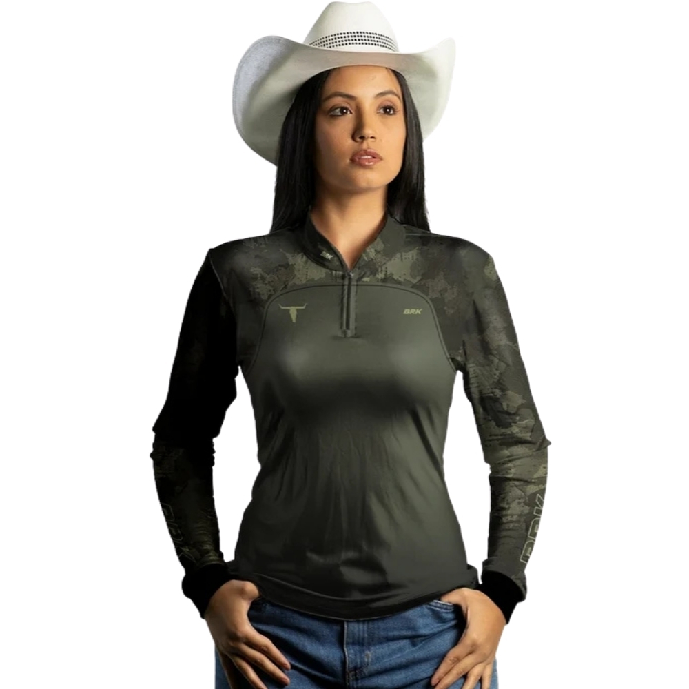 Camiseta Feminina BRK Agro Camuflada Verde Long Horn Manga Longa UV50+ Gola Padre Zíper Ref:C01850BL