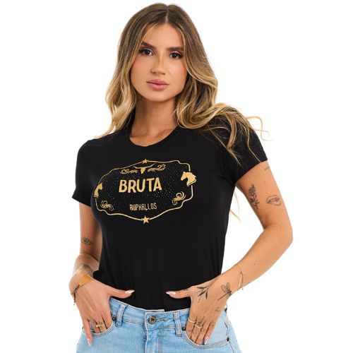 Camiseta Feminina Buphallos Manga Curta Preta Com Brilho Bruta Luxo Dourado Ref: BPL1046