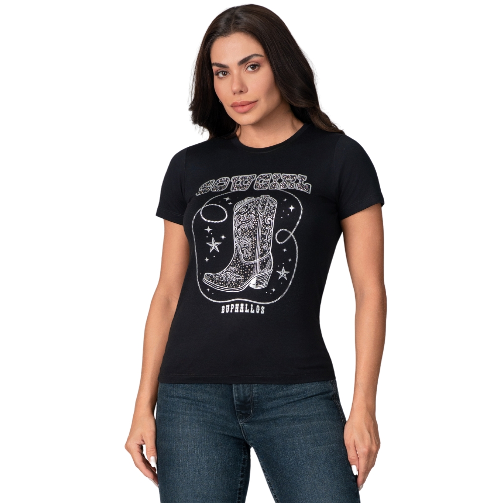 Camiseta Feminina Buphallos T-Shirt Preta Cowgirl Ref: BPL1898