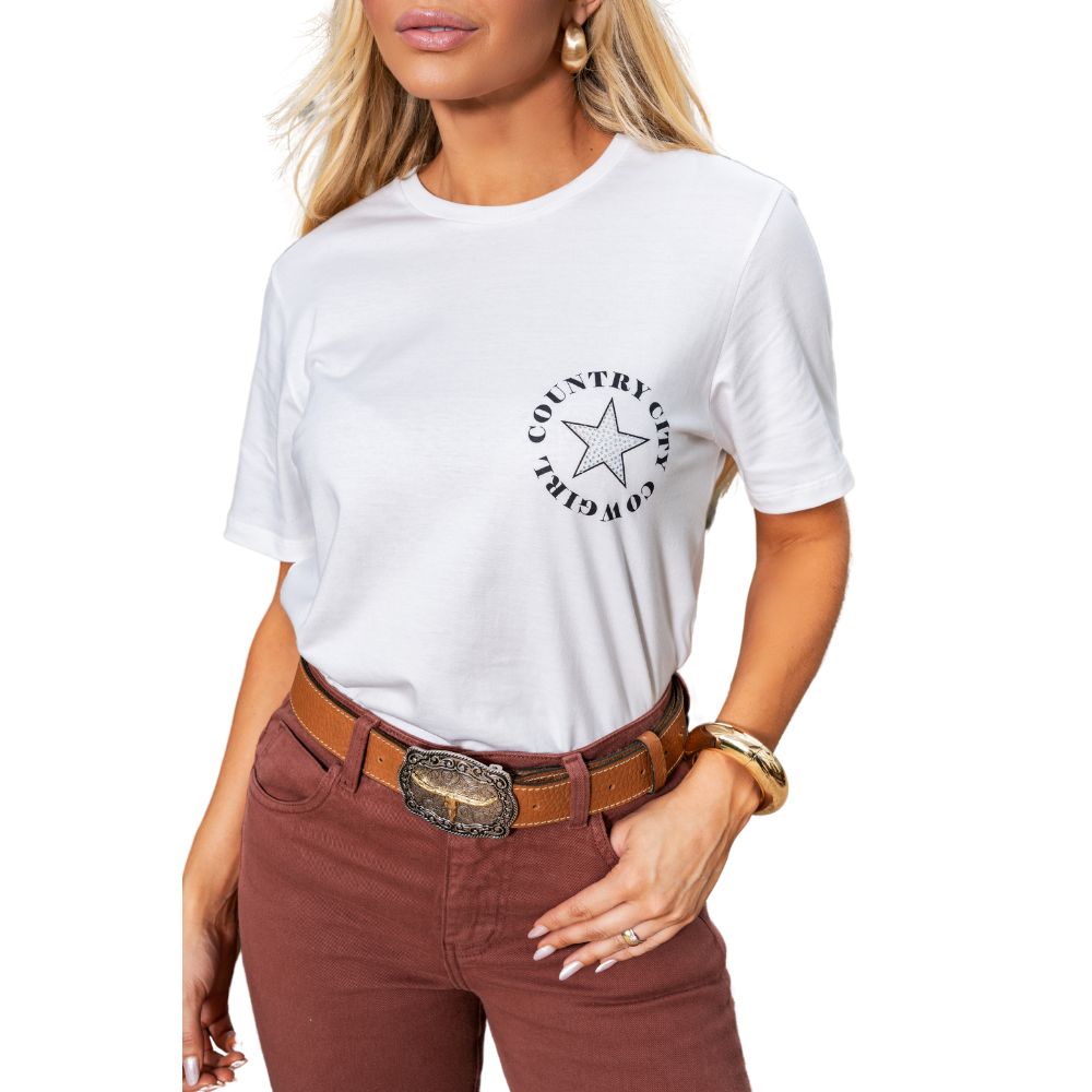 Camiseta Feminina Country City Off White Manga Curta Com Desenho De Botas Nas Costas Ref:AUTHENTIC TA100