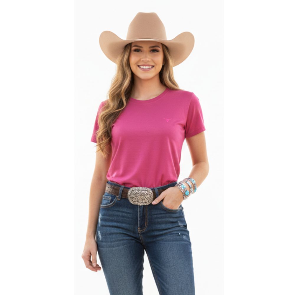 Camiseta Feminina Laço Forte T-Shirt Básica Goiaba Logo Rosa Ref:028058