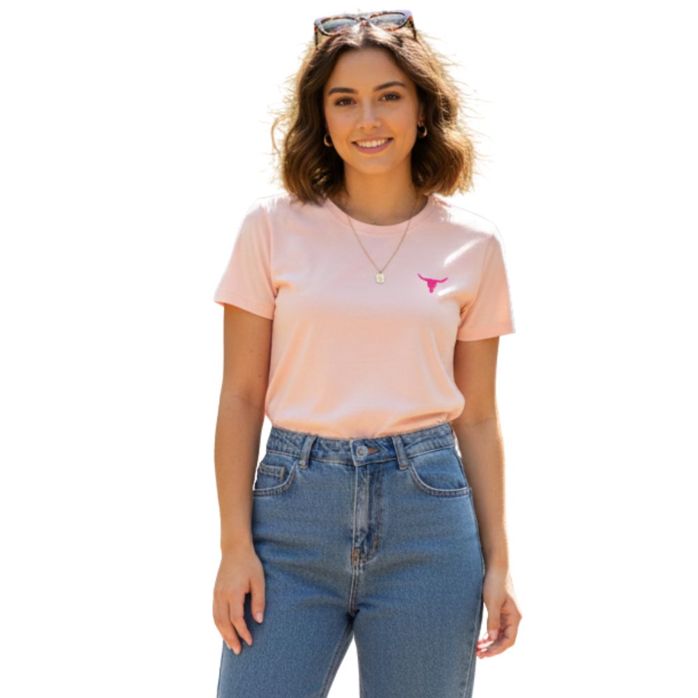 Camiseta Feminina Laço Forte T-Shirt Básica Salmão Logo Rosa Ref:280511