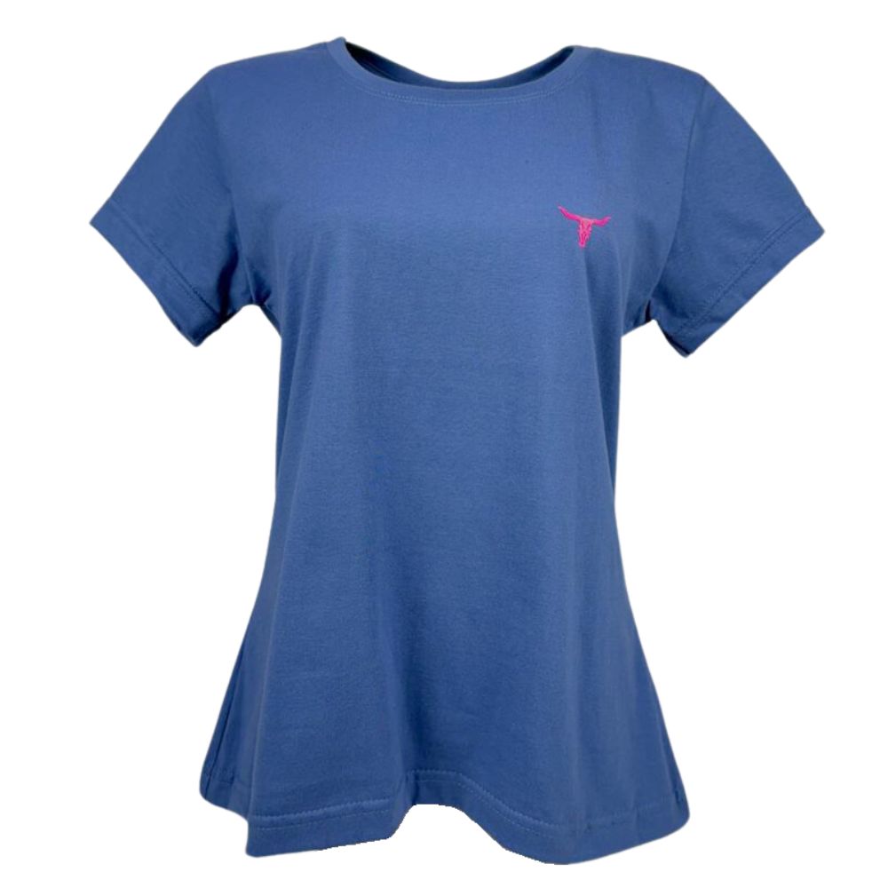 Camiseta Feminina Laço Forte T-Shirt Manga Curta Básica Azul Jeans Com Logo Rosa Neon Ref:384