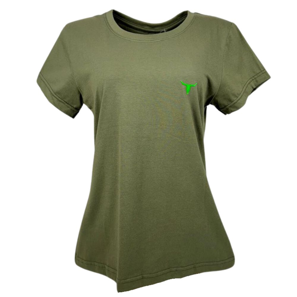 Camiseta Feminina Laço Forte T-Shirt Manga Curta Básica Verde Militar Com Logo Verde Neon Ref:384