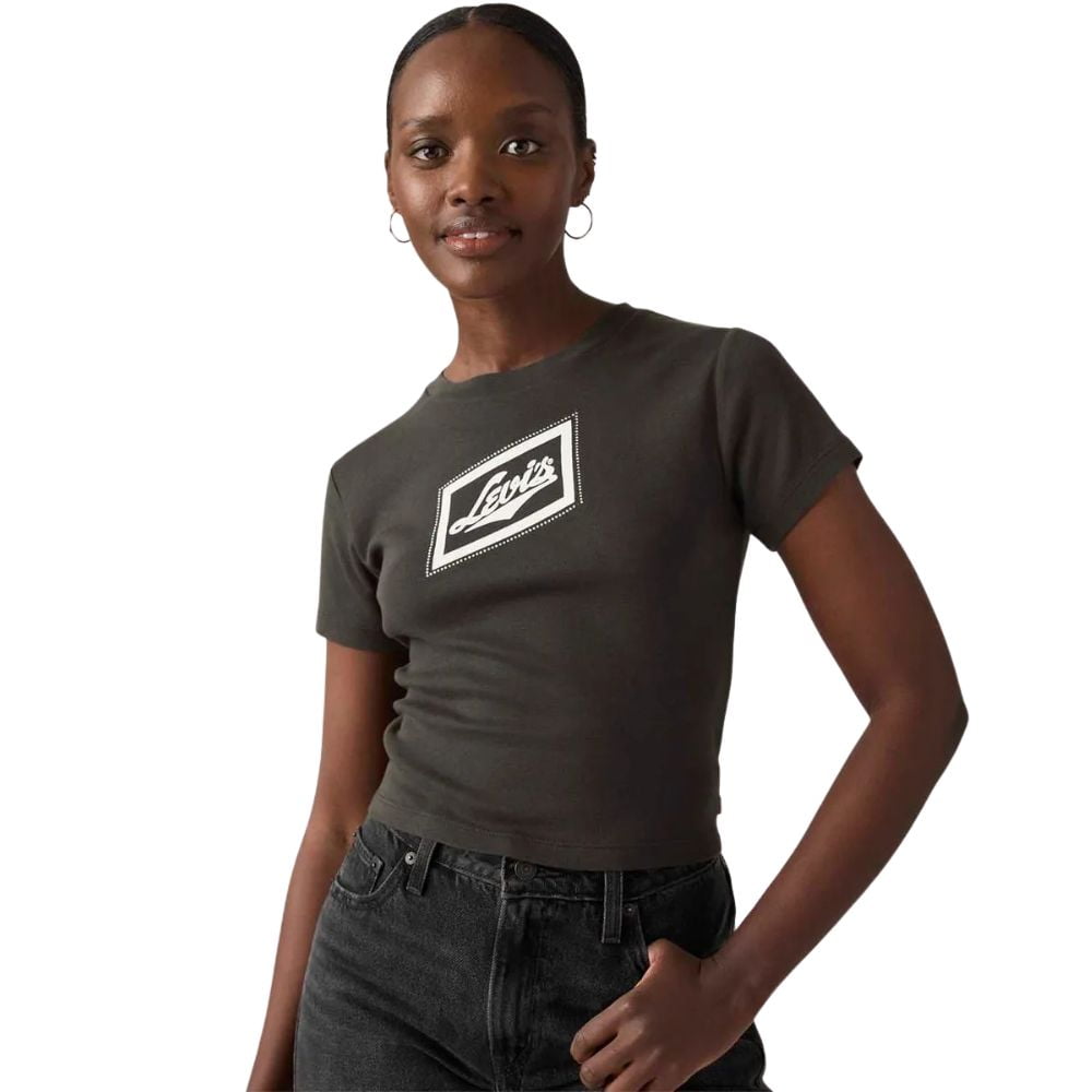 Camiseta Feminina Levi's Essential Sporty Tee Manga Curta Cinza Logo Branco Aplicação Pedrinhas Ref:A87980099