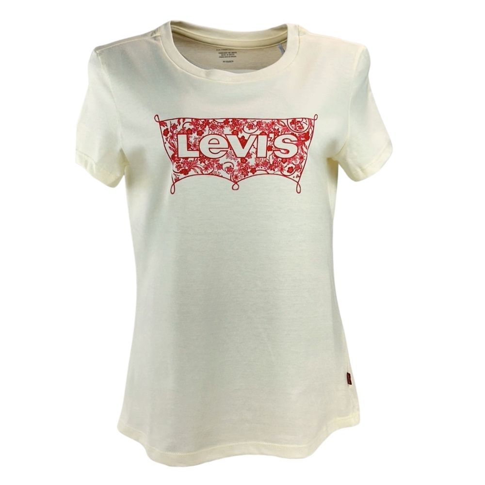 Camiseta Feminina Levi's Manga Curta Creme Com Logo Estampada E Com Detalhes Flores Em Vermelho REF: LB0010690