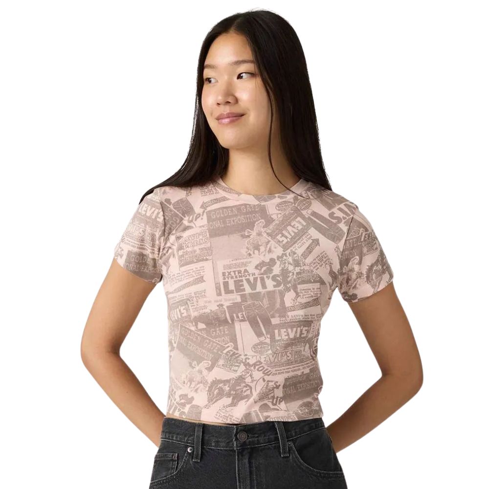 Cropped Feminino Levi's Manga Curta Rosa Estampada Ref:A87980105