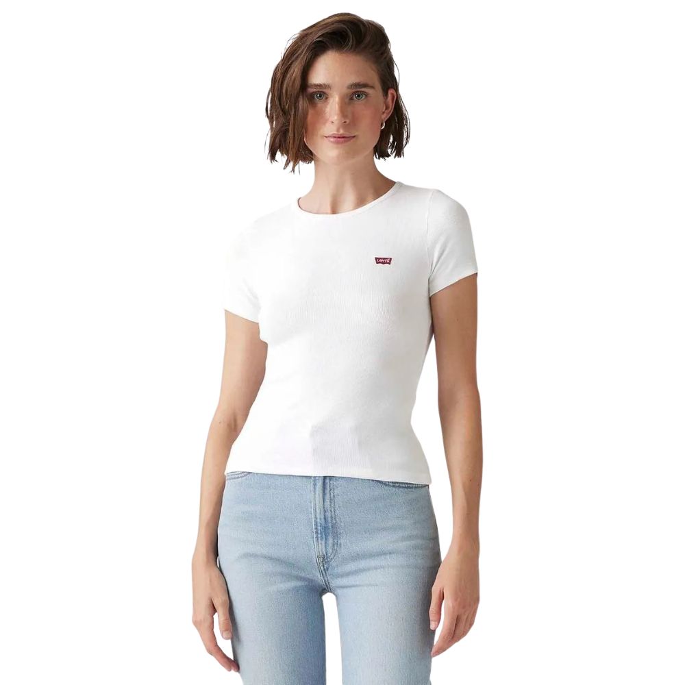 Camiseta Feminina Levi's Slim Fit Manga Curta Branco Com Logo Bordada Vermelho Ref:001J30006