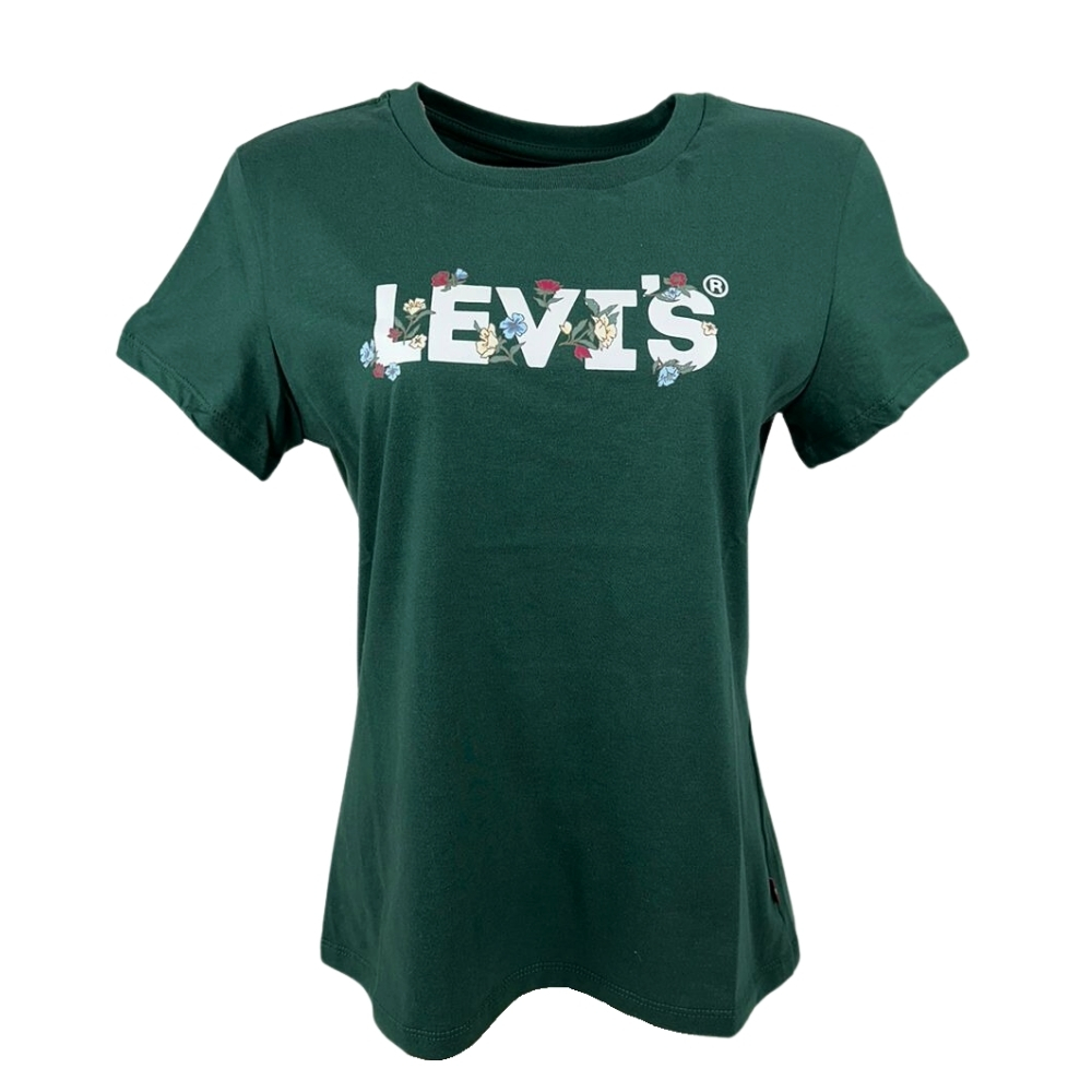 Camiseta Feminina Levi's Verde Manga Curta Com Logo Branco E Flores - REF: LB001-0534