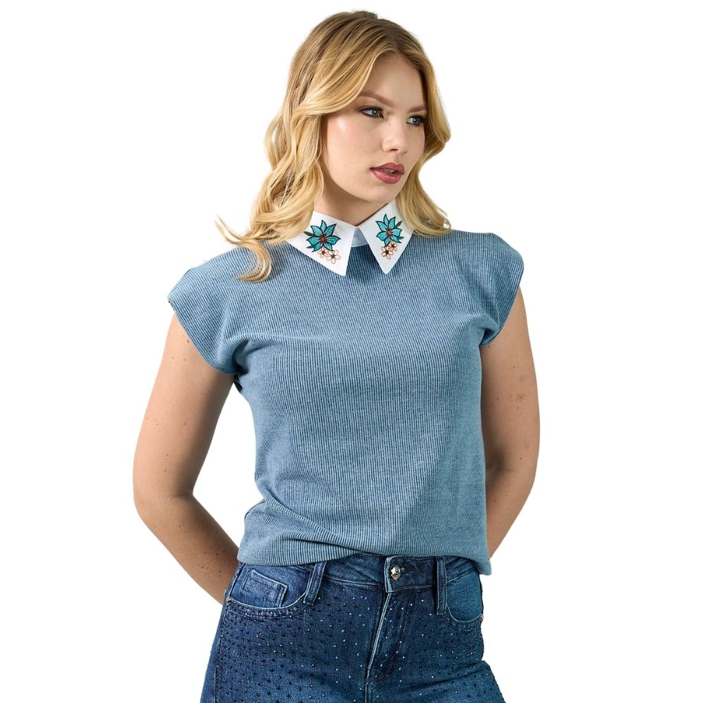 Camiseta Feminina Miss Country Muscle Tee Blue Azul Bordado Na Gola Ref:003340