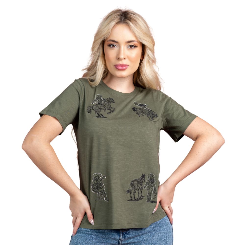 Camiseta Feminina Miss Country TShirt Manga Curta Verde Com Bordados E Brilhos Ref:3295