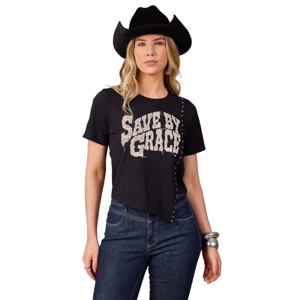 Camiseta Feminina Moon Horse Grace Preto Com Tachinhas E Estampa Emborrachada Ref: 01.12.467