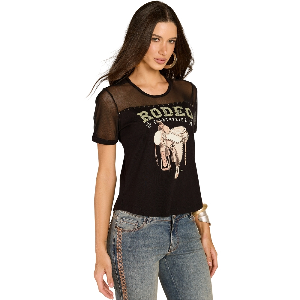 Camiseta Feminina Moon Horse T-Shirt Countryside Preta Bordado Tachinhas Manga Curta De Tule REF:01.13.511