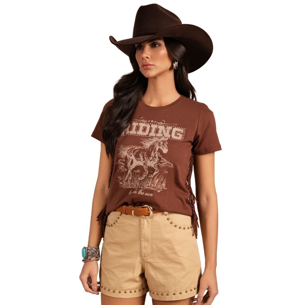 Camiseta Feminina Moon Horse T-shirt Rinding Marrom Estampada Cavalo Com Franja Ref: 01.10.402