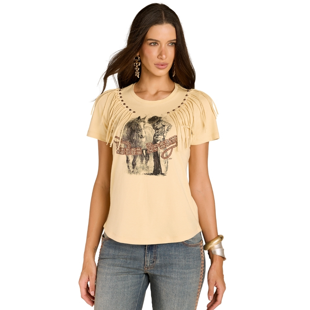 Camiseta Feminina Moon Horse T-Shirt Rodeo Dreams Amarelo Creme Bordado Tachinhas E Franja - REF:01.13.526