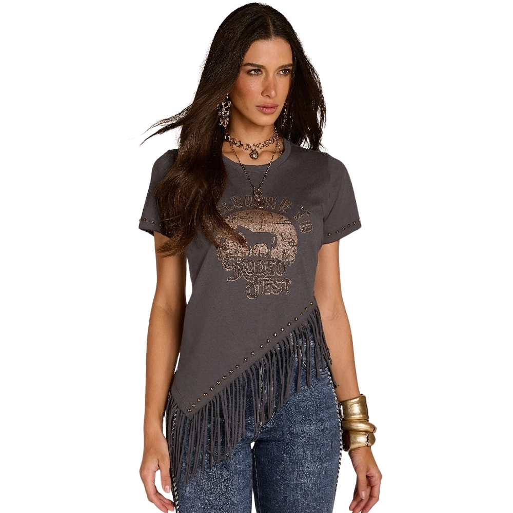 Camiseta Feminina Moon Horse T-Shirt Rodeo Fest Franjas Cinza Chumbo Bordados Tachinhas Bronze REF:01.13.516