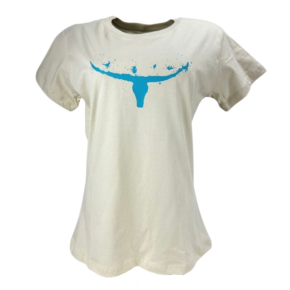 Camiseta Feminina Os Moiadeiros Bege Com Logo Turquesa - CMF 2345