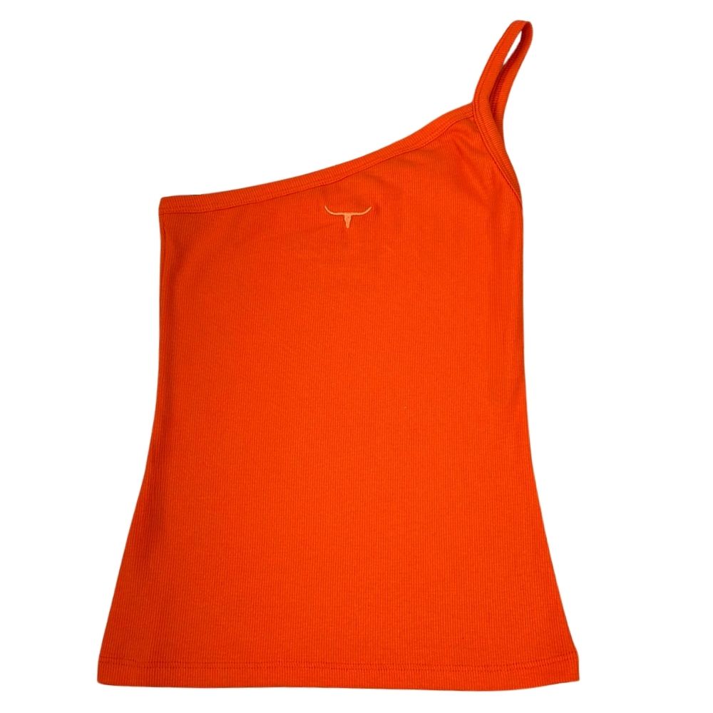 Camiseta Feminina Os Moiadeiros Laranja 1 Ombro Só (Nula Manga) Com Logo Bordada Ref. CMRF50