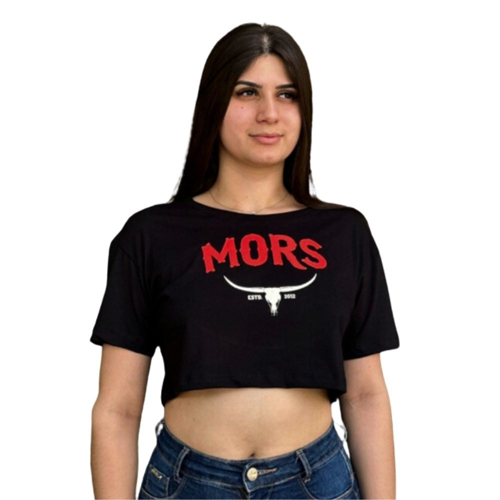 Camiseta Feminina Os Moiadeiros Preta Cropped Com Logo Aplicada Em Laranja REF: CMRF43