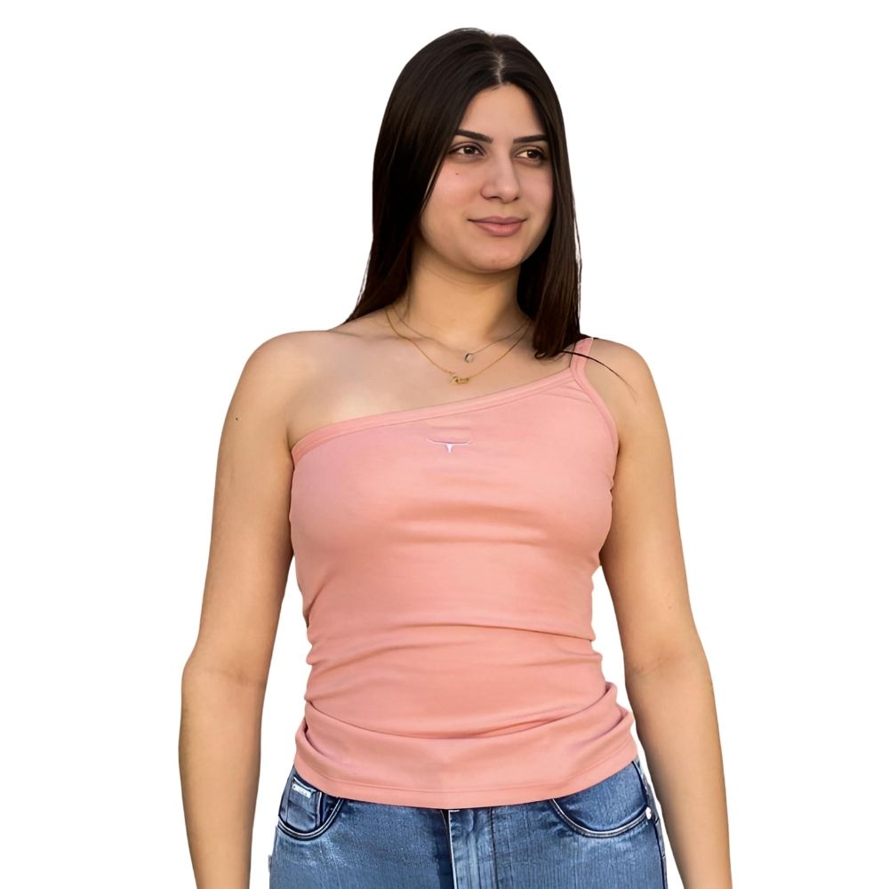 Camiseta Feminina Os Moiadeiros Rosa 1 Ombro Só (Nula Manga) Com Logo Bordada Ref. CMRF50