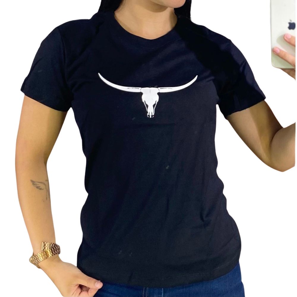 Camiseta Feminina Os Moiadeiros Tshirt Manga Curta Preto Com Longhorn Branco Ref:CMF2467