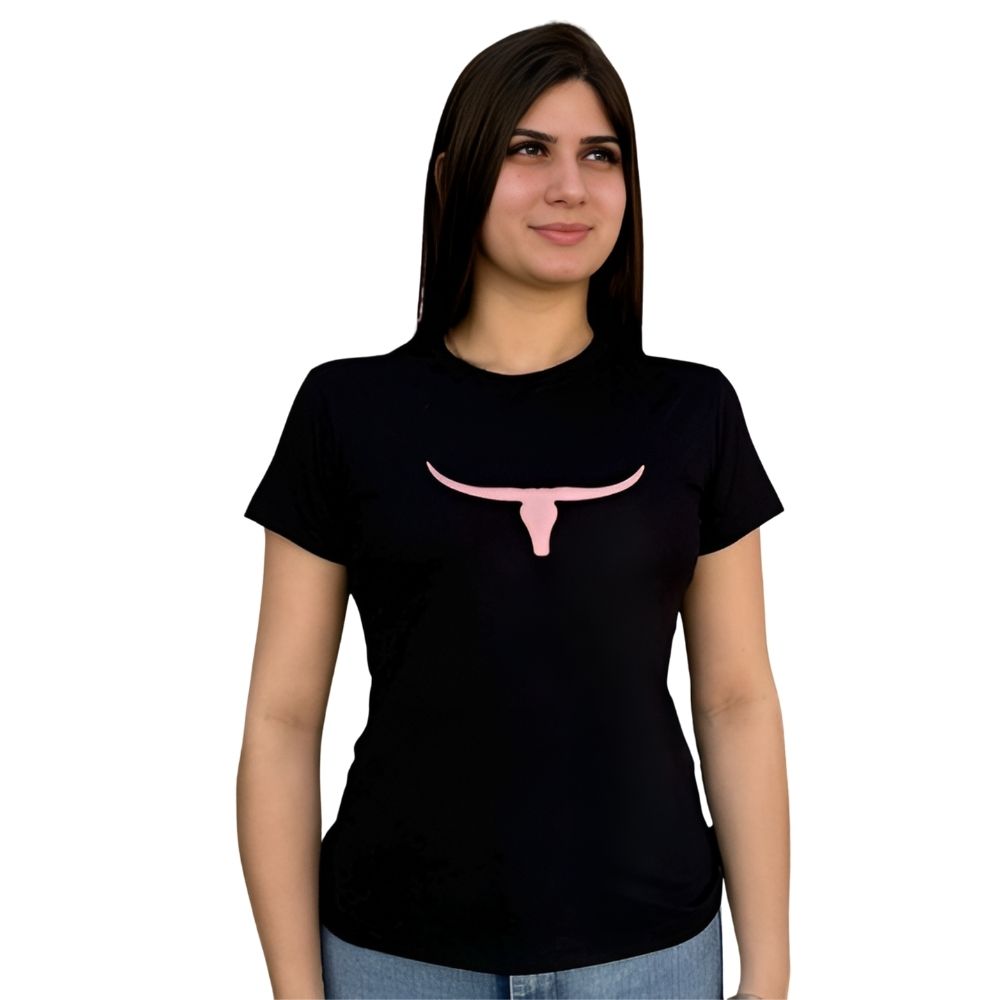 Camiseta Feminina Os Moiadeiros TShirt Preta Com Logo Aplicado em Rosa Ref.CMF2361