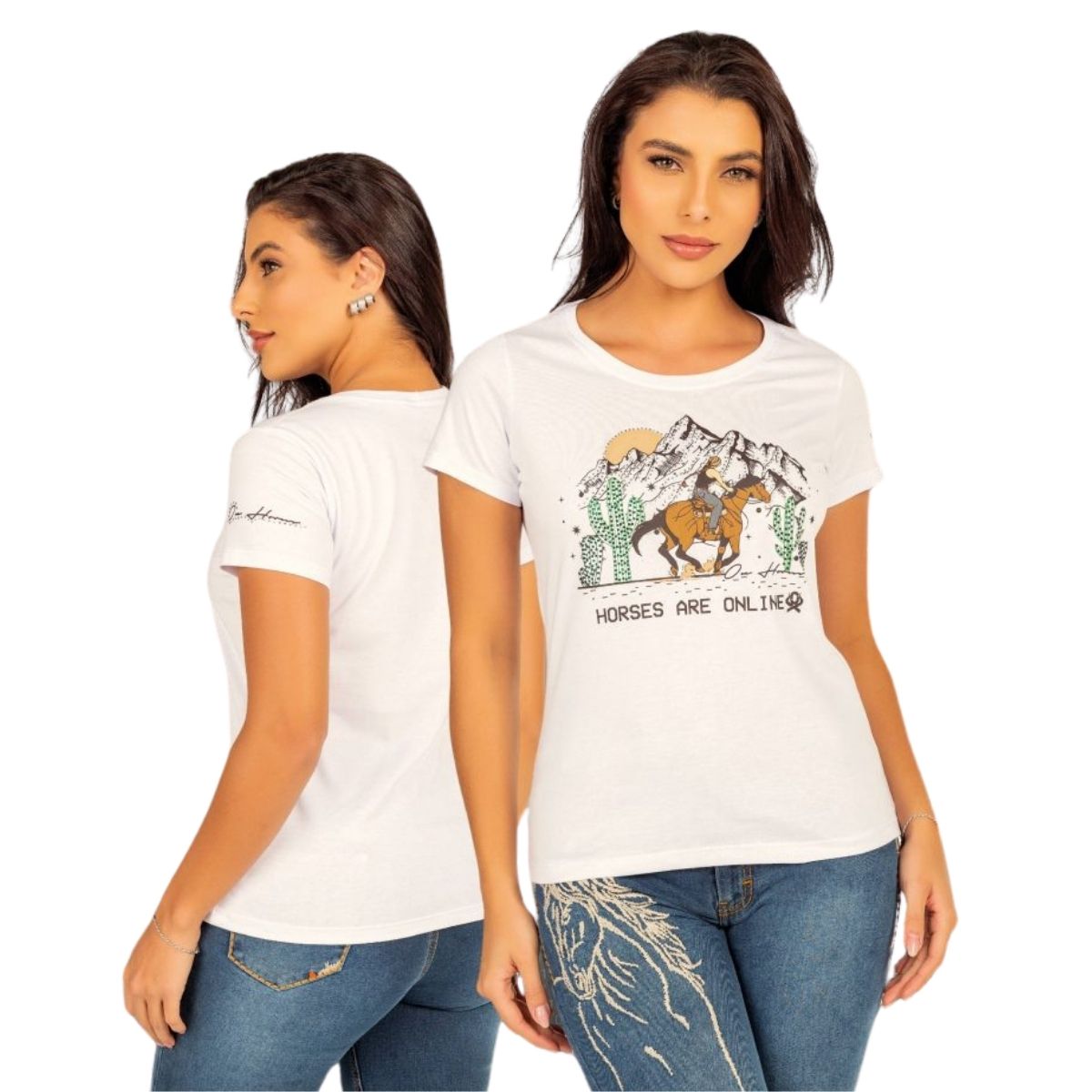 Camiseta Feminina Ox Horns Manga Curta Branca Estampada Horses Com Brilho R. 6438