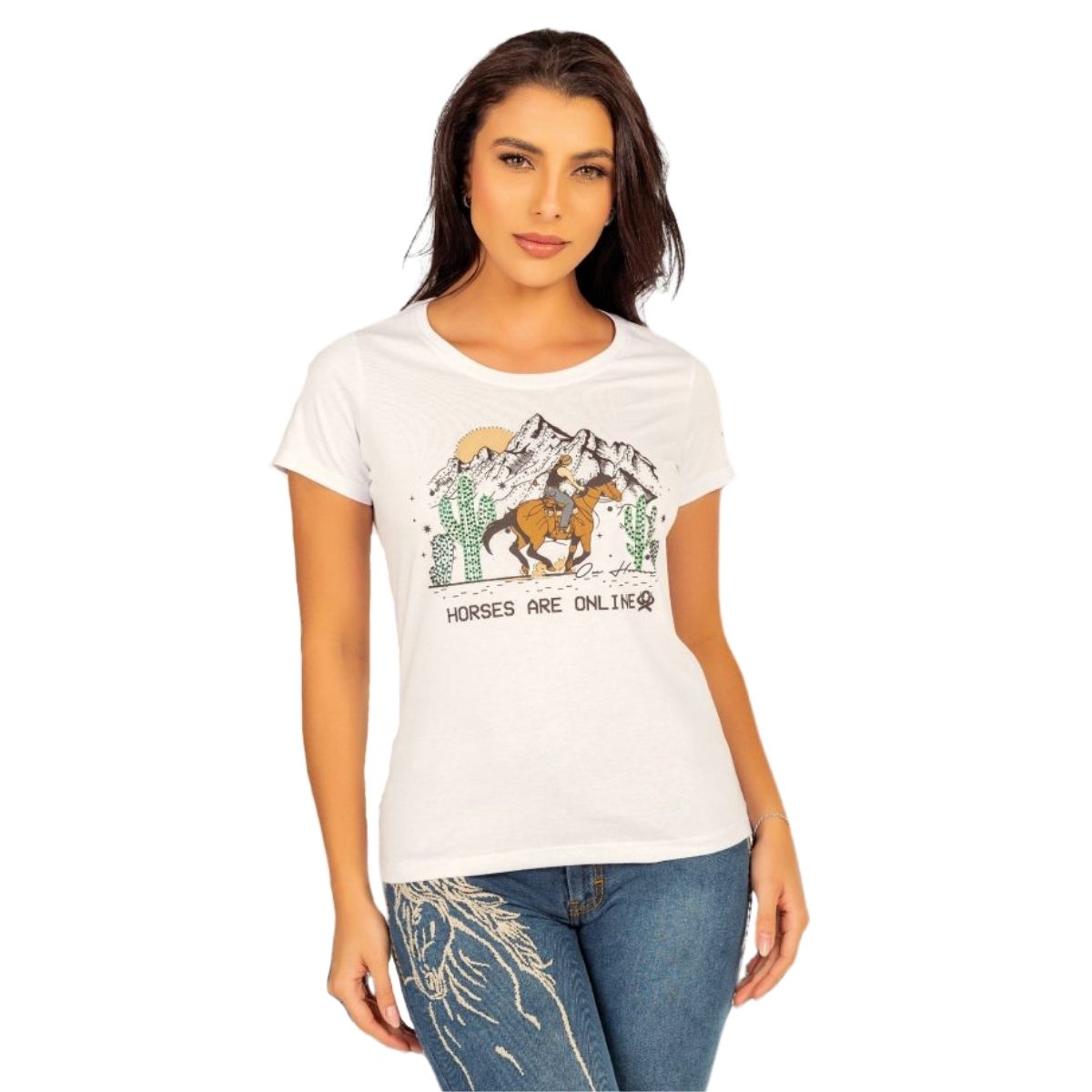 Camiseta Feminina Ox Horns Manga Curta Branca Estampada Horses Com Brilho R. 6438