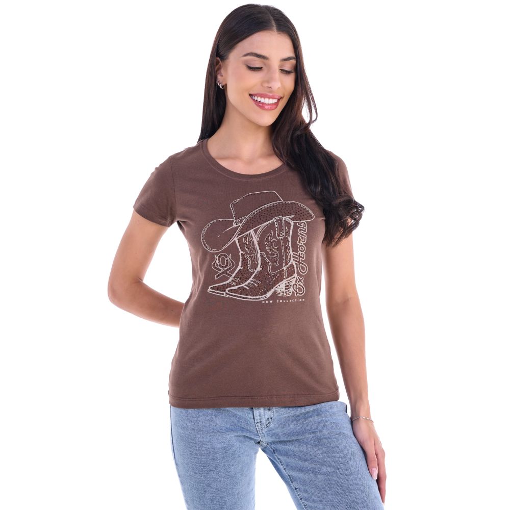 Camiseta Feminina Ox Horns T-Shirt Marrom Manga Curta Estampa Chapéu E Bota Com Brilho Ref:6531