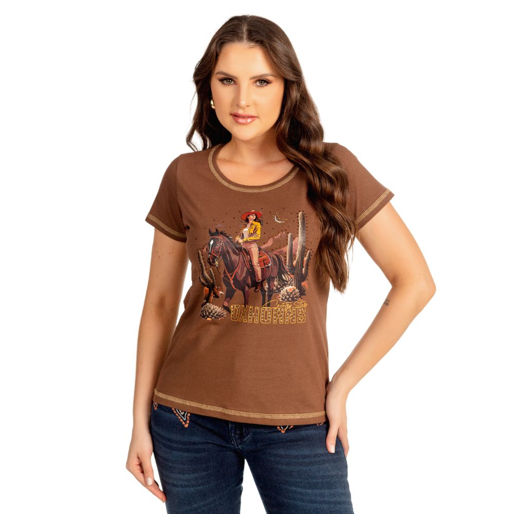 Camiseta Feminina Ox Horns T-Shirt Marrom Manga Curta Estampada Ref:6481