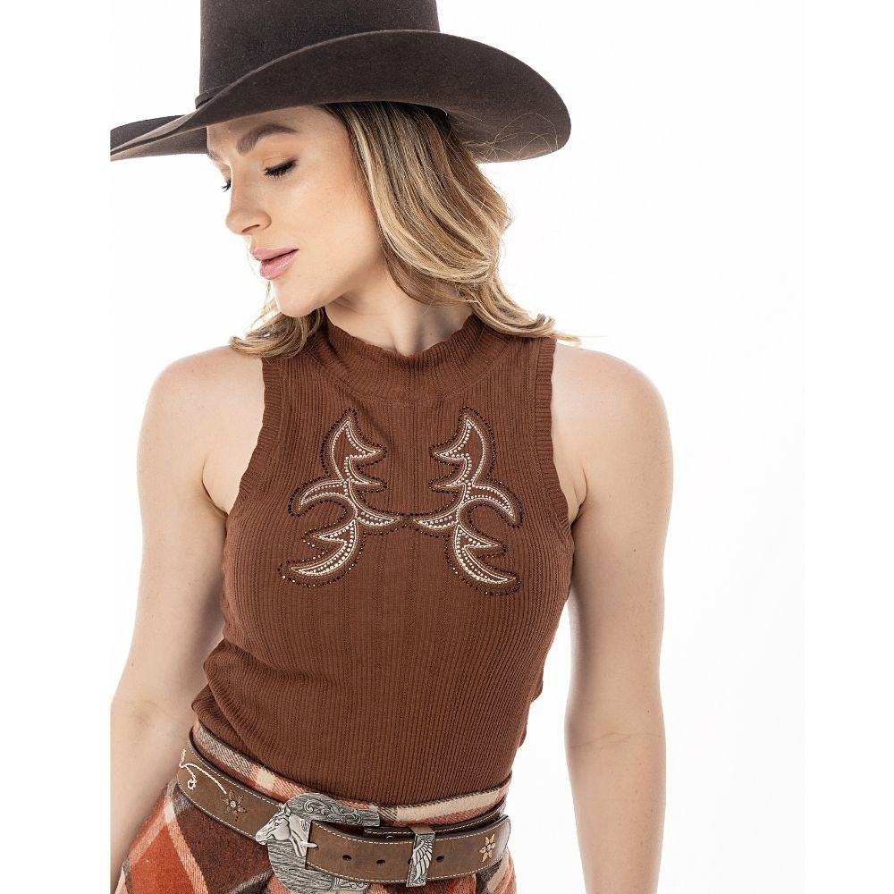 Regata Feminina Zenz The Bear Marrom Com Bordado Strass Branco e Marrom REF:ZW0126026