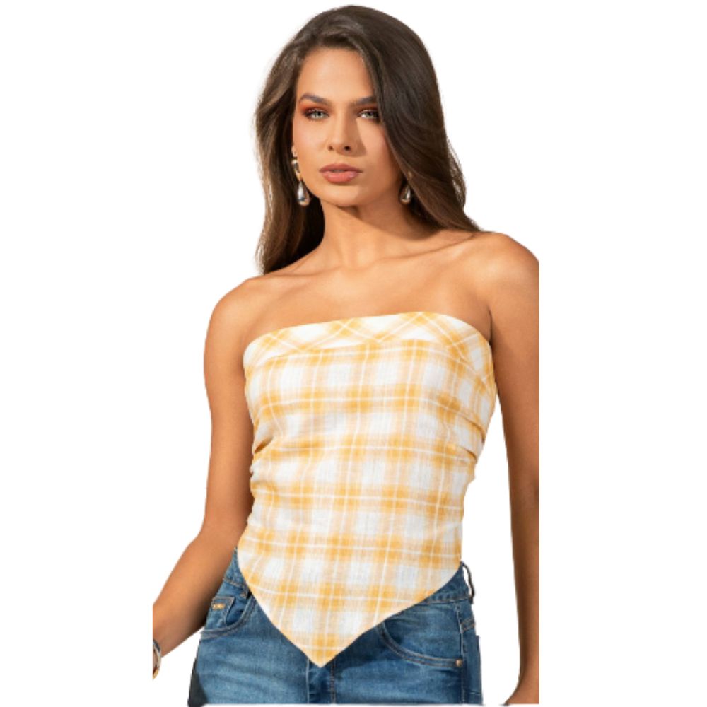  Cropped Feminino Stabulos Sem Alças Lenço Xadrez Amarelo Ref:STB659