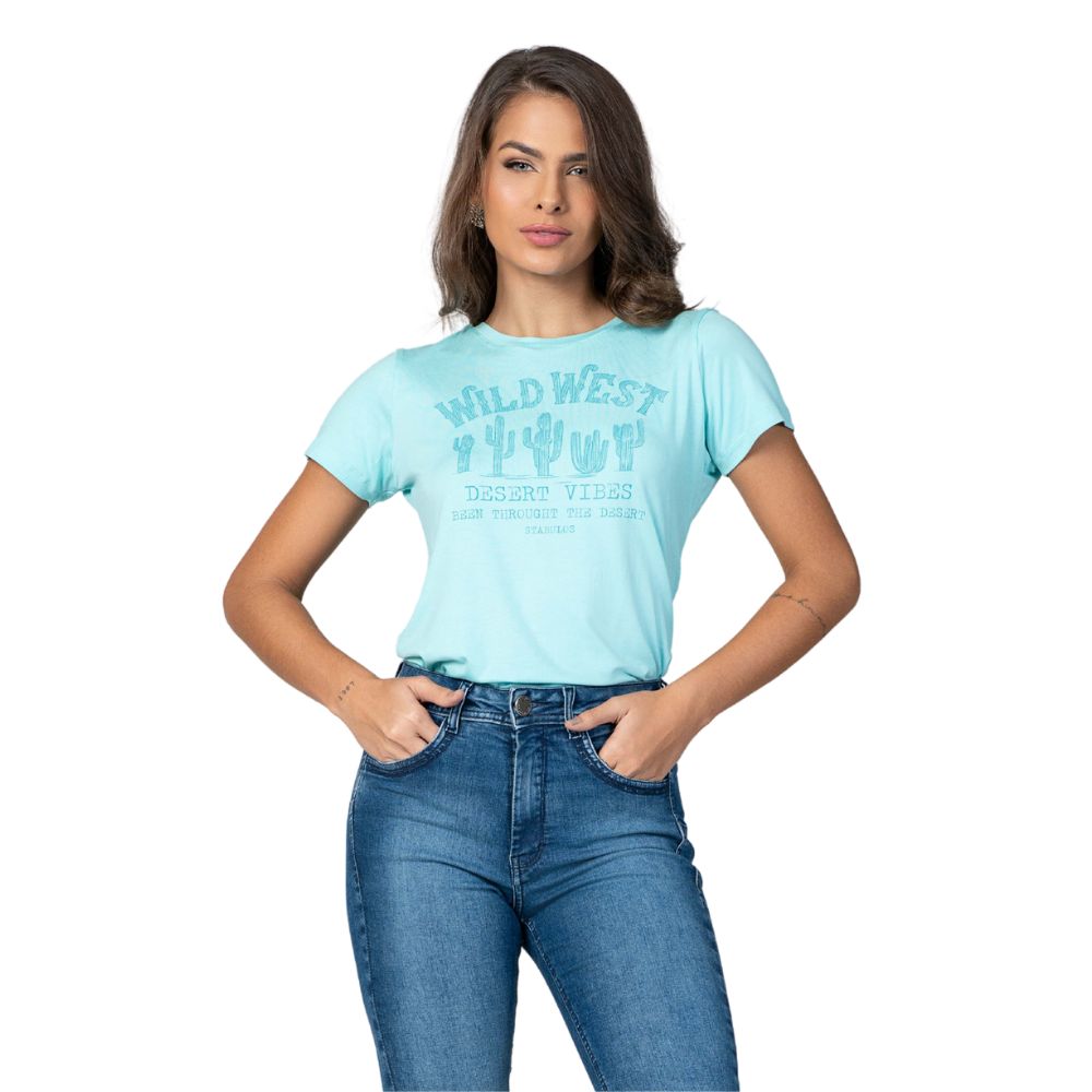 Camiseta Feminina Stabulos TShirt Manga Curta Azul Piscina Estampada Wils West Ref:STB583A