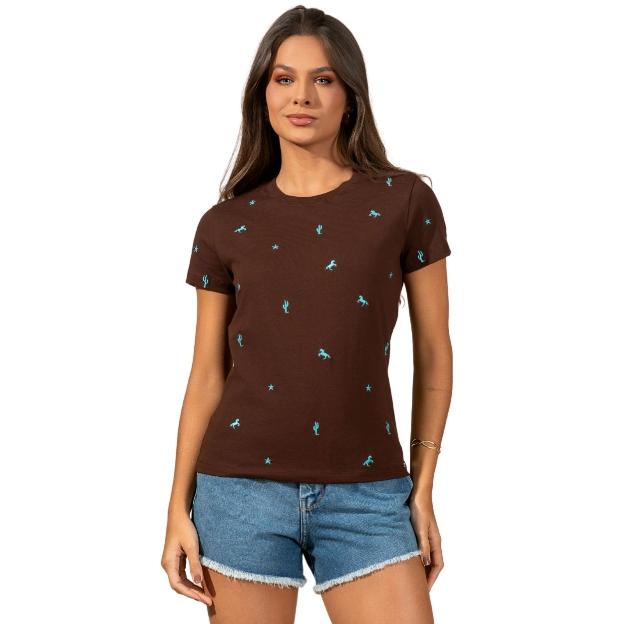 Camiseta Feminina Stabulos TShirt Manga Curta Café Com Bordado Horses Azul Turqusa Ref:STB635