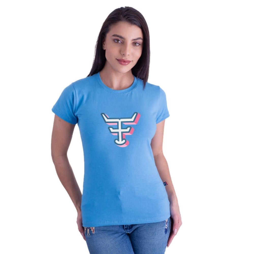 Camiseta Feminina Texas Farm Azul BB Babylook Manga Curta Com Logo Rosa BB/Azul  REF: CF295