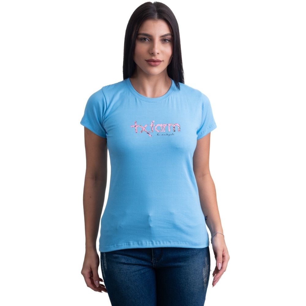 Camiseta Feminina Texas Farm Azul BB Babylook Manga Curta Com Logo Rosa BB REF: CF292