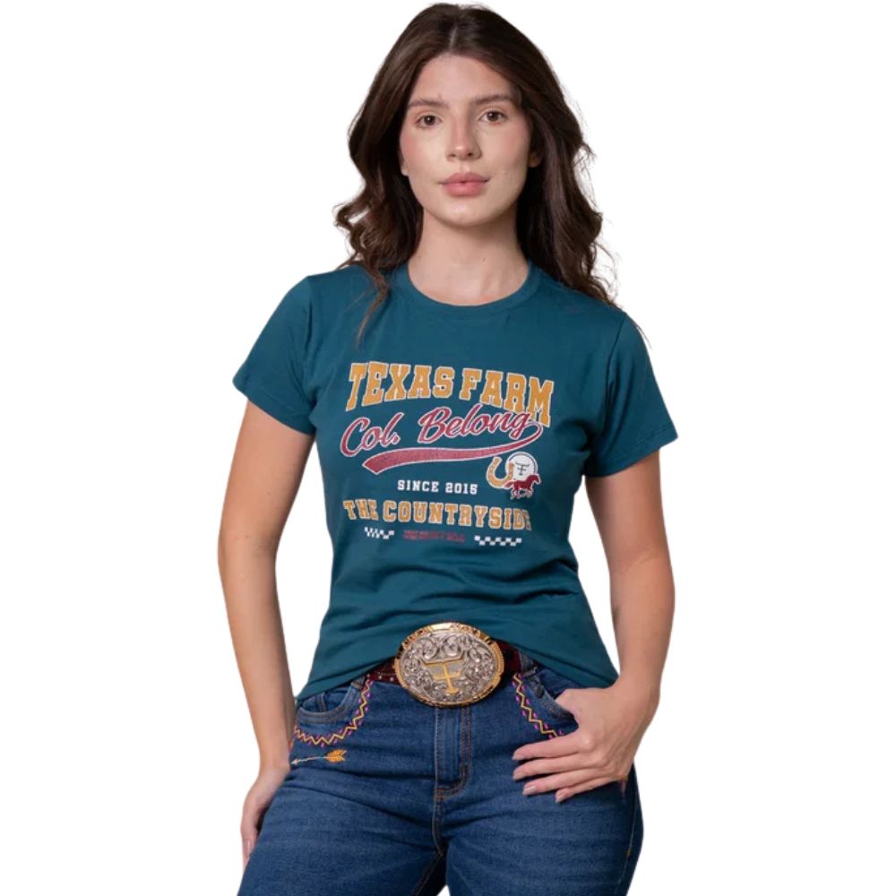 Camiseta Feminina Texas Farm Baby Look Belonging Manga Curta Azul Petróleo Estampa Ref:CF369