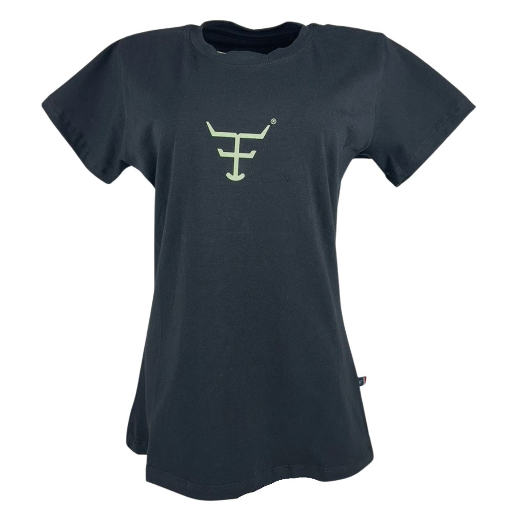 Camiseta Feminina Texas Farm Baby Look Hidden Glow Manga Curta Preto Com Logo Verde Neon Ref:CF322