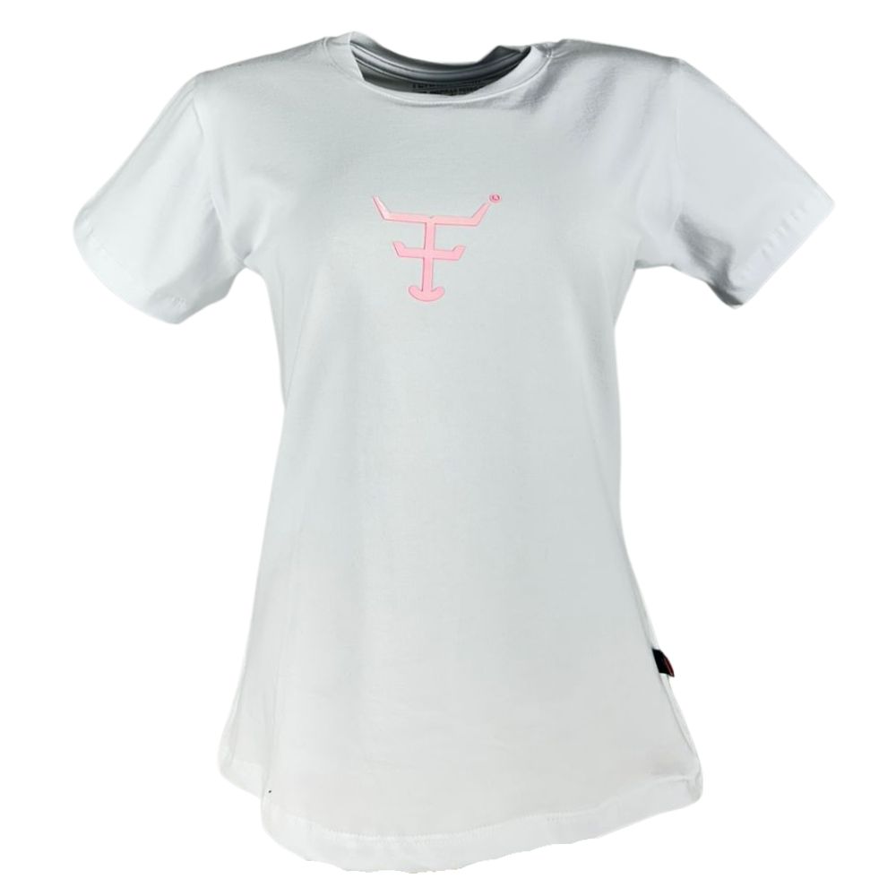 Camiseta Feminina Texas Farm Baby Look Manga Curta Branco Com Logo Aplicado Rosa Neon Ref:CF322