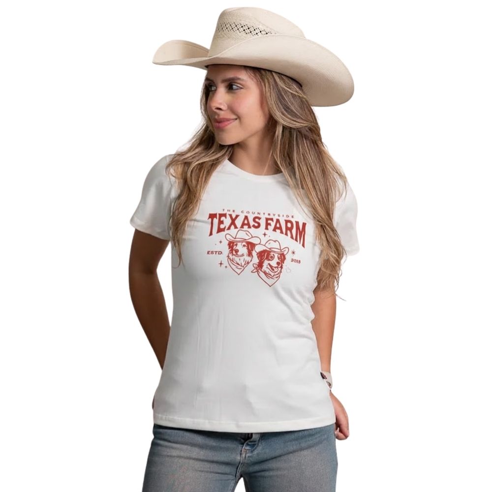 Camiseta Feminina Texas Farm Baby Look Manga Curta Branco Estampa Cachorro Ref:CF363
