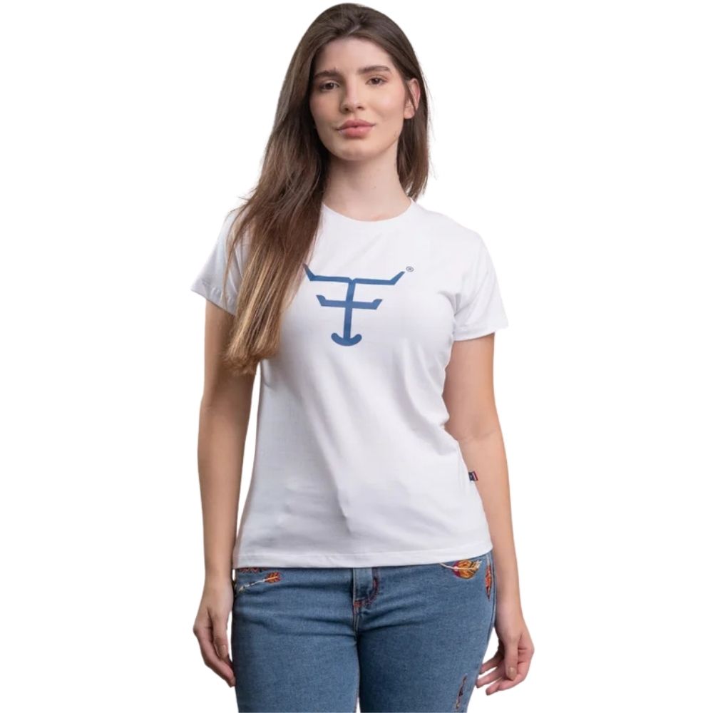 Camiseta Feminina Texas Farm Baby Look Manga Curta Branco Logo Azul Ref:CF354