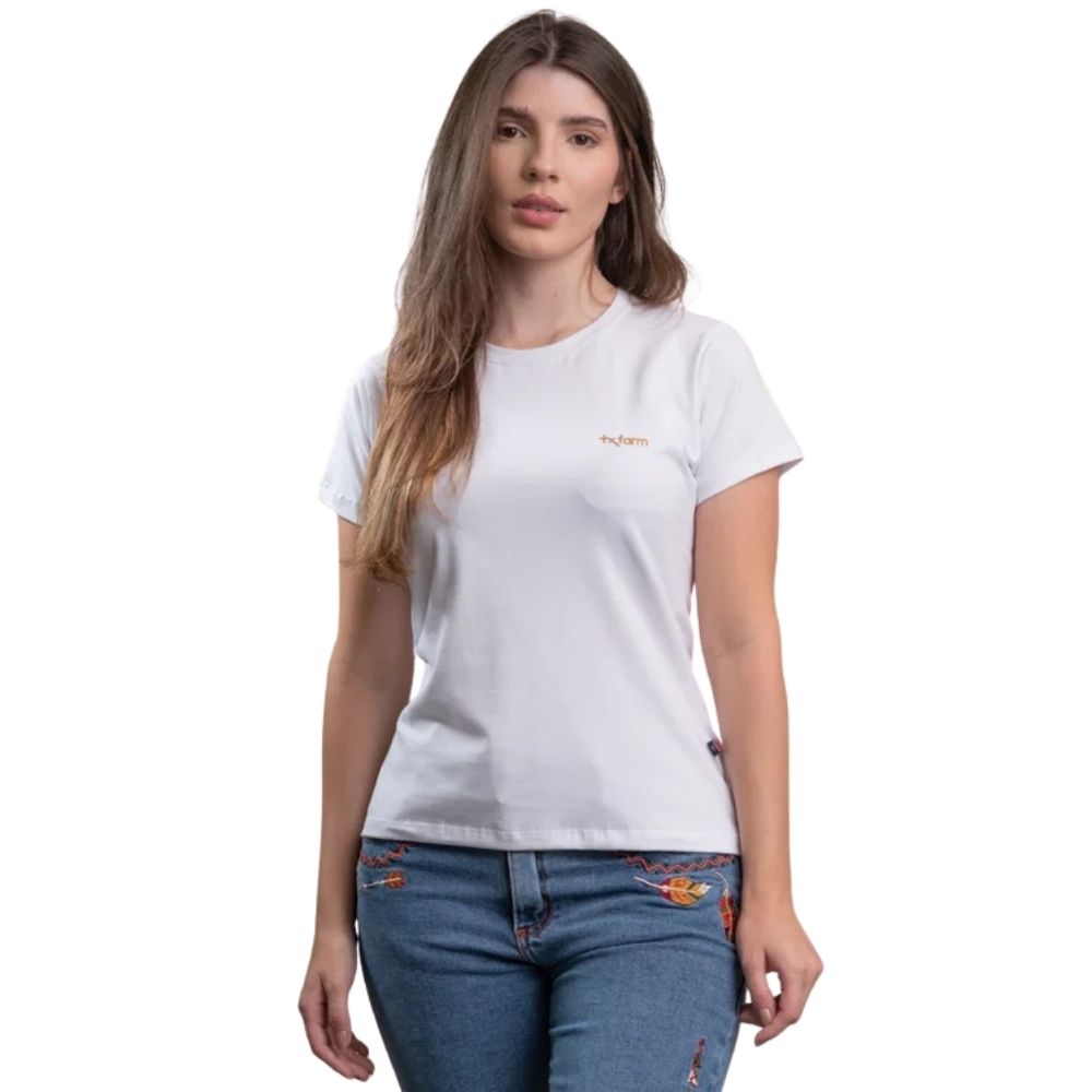 Camiseta Feminina Texas Farm Baby Look Manga Curta Branco Logo Dourado Ref:CF378